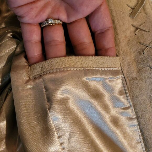 Vtg 80's Pamela McCoy Native American Fringed Leather Shacket Jacket Tan Sz L - Picture 13 of 15